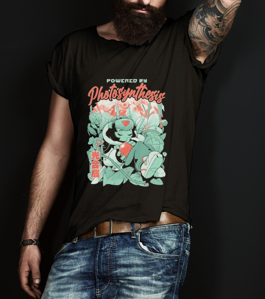 Powered By Photosynthesis Anime Kanji Characters And Cute Green Robot T-Shirt