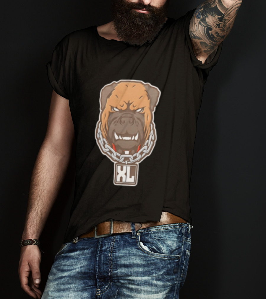 XL Angry Growling Dog Head Chain Collar Tag Cartoon Caricature T-Shirt