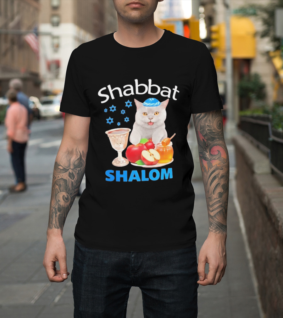 Shabbat Shalom Cat With Kippah Apples Honey And Wine Cup T-Shirt
