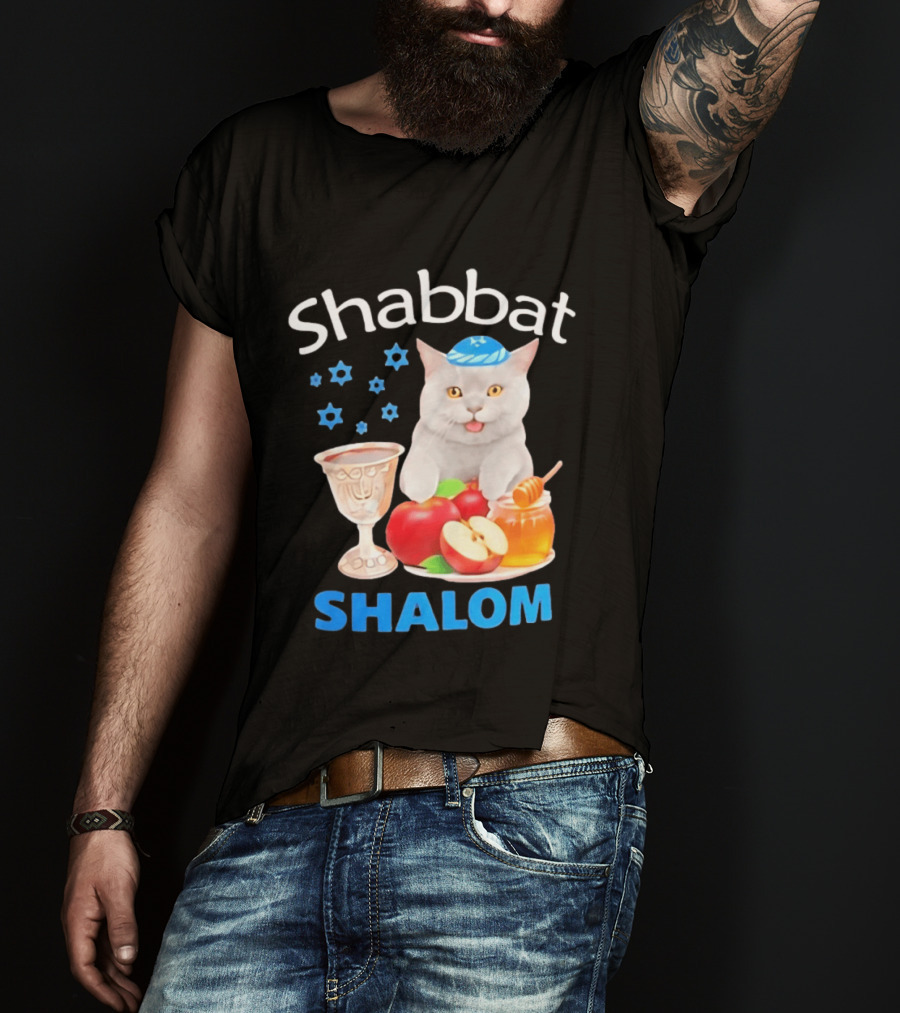 Shabbat Shalom Cat With Kippah Apples Honey And Wine Cup T-Shirt