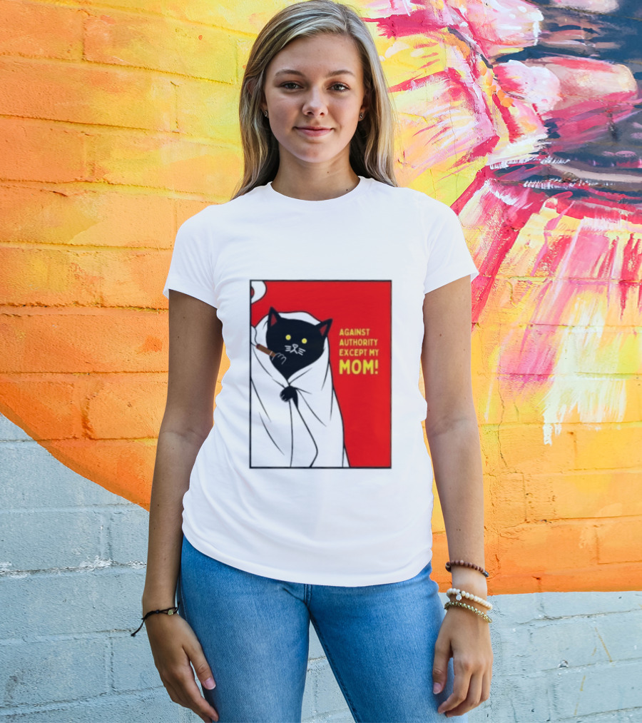 Black Cat Against Authority Except My Mom Smoking Cloaked Yellow Eyes Red T-Shirt