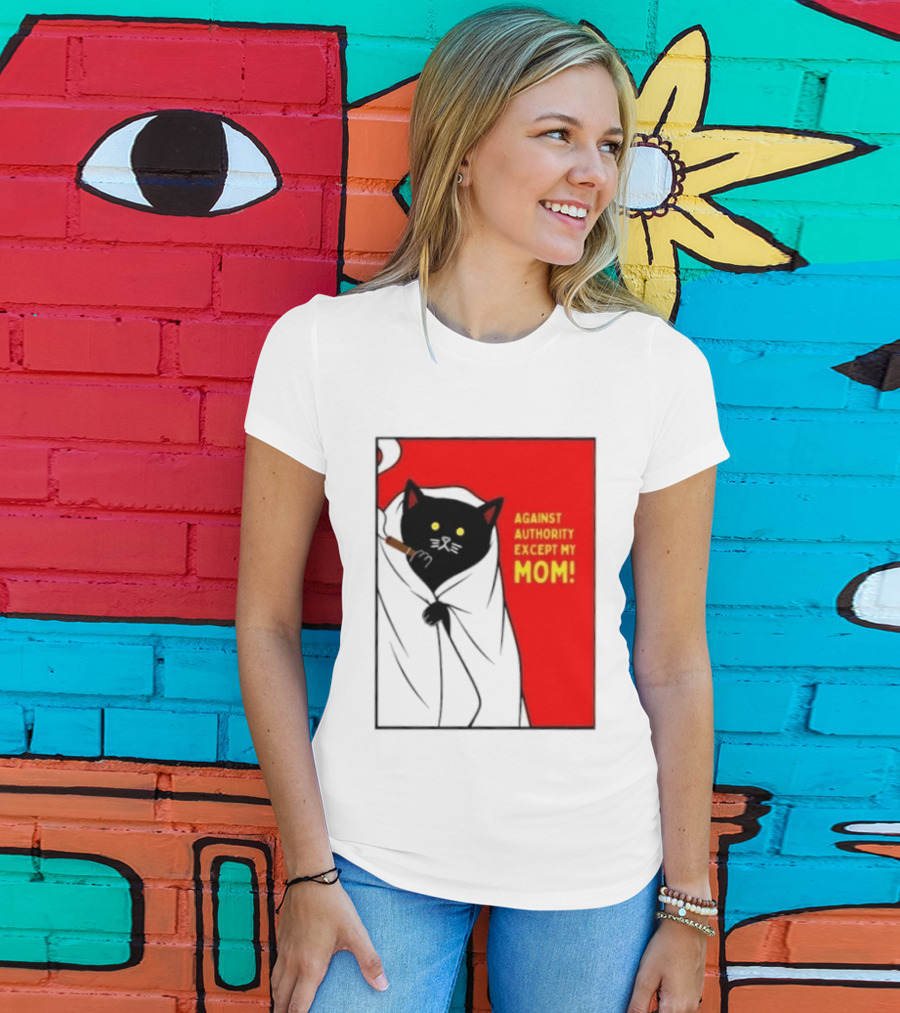 Black Cat Against Authority Except My Mom Smoking Cloaked Yellow Eyes Red T-Shirt