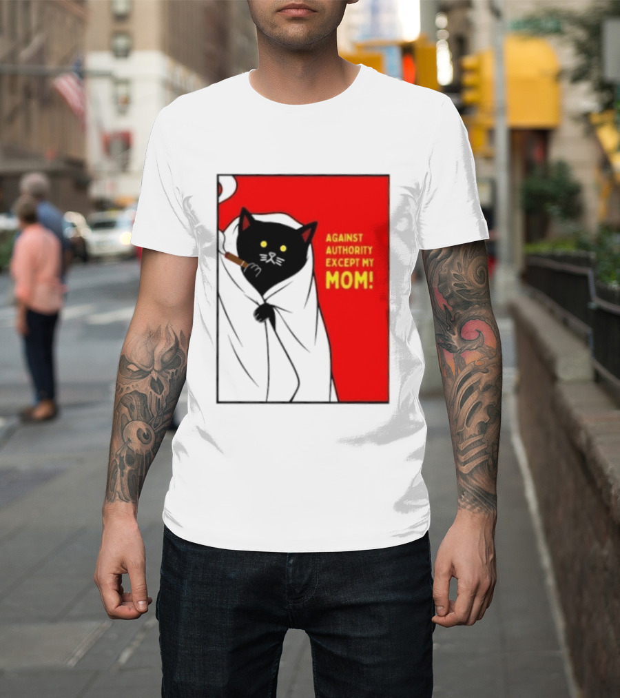 Black Cat Against Authority Except My Mom Smoking Cloaked Yellow Eyes Red T-Shirt