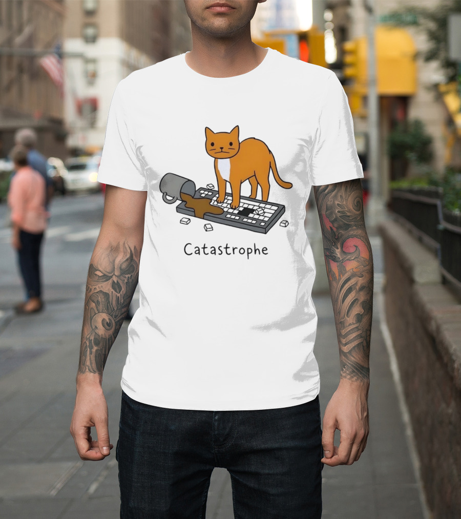 Catastrophe Orange Cat Spilling Coffee On Keyboard T-Shirt