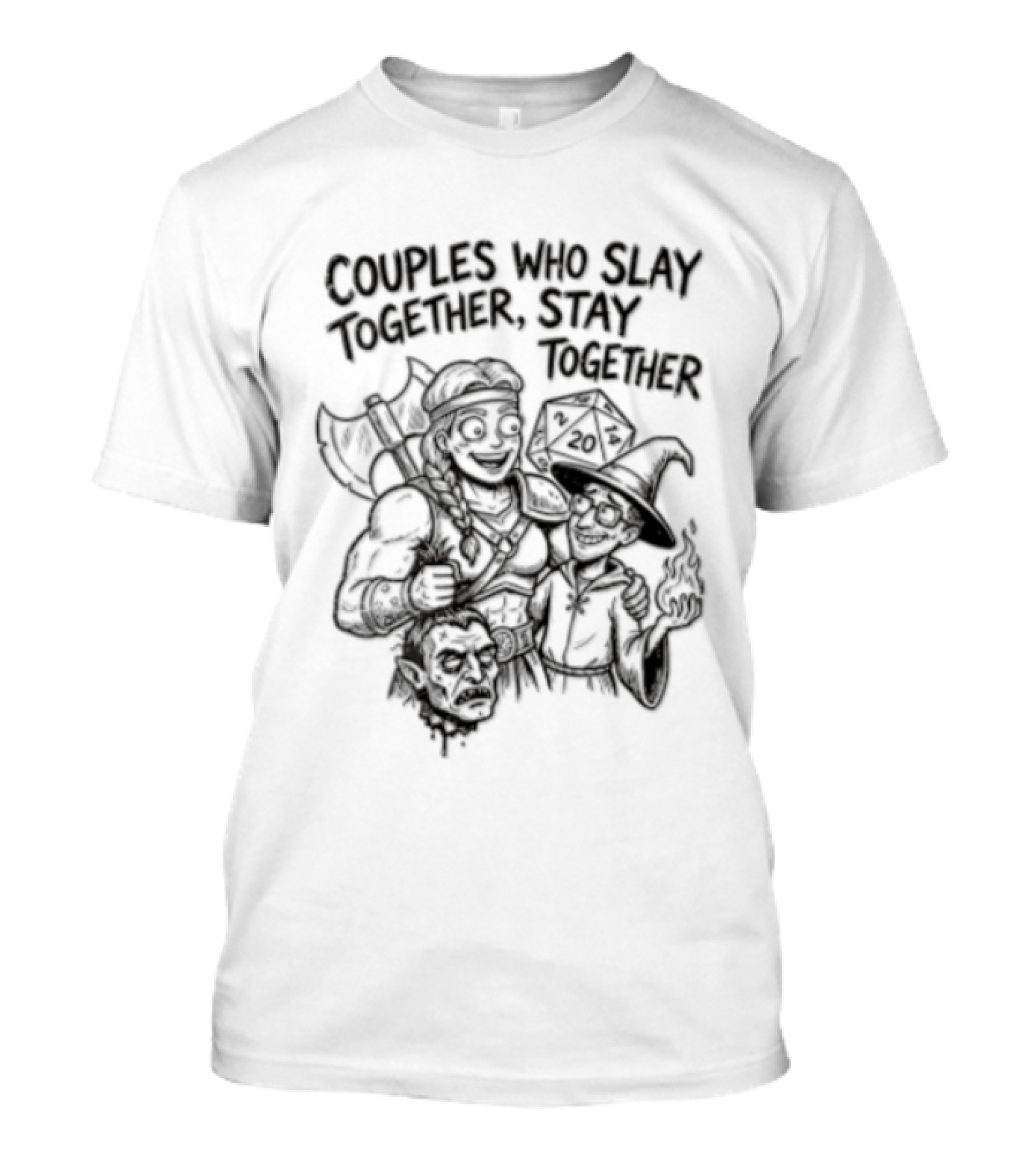 Couples Who Slay Together Stay Cartoon Barbarian Wizard D20 Orc Head T-Shirt