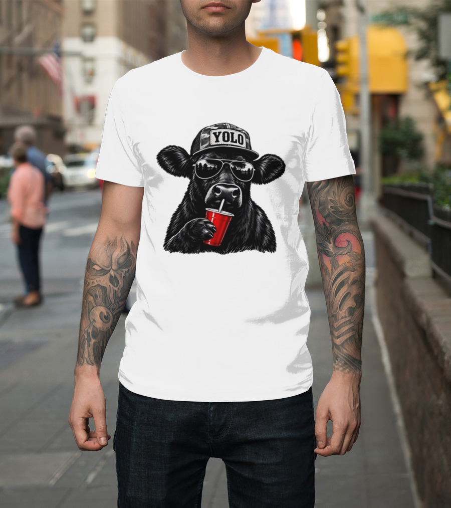 Cow With Yolo Camo Hat Sunglasses Red Cup T-Shirt