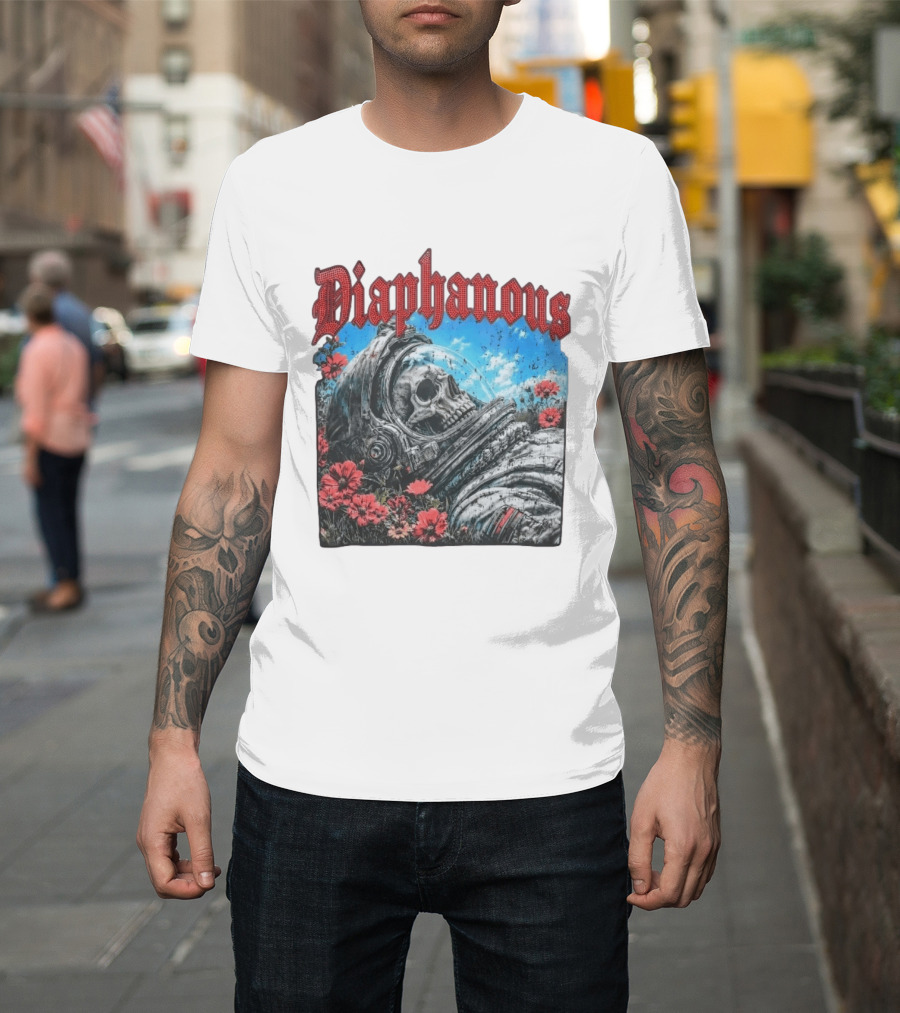 Diaphanous Distressed Skull Astronaut In Flowers With Cosmic T-Shirt