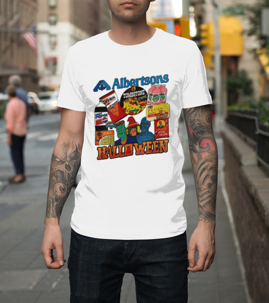 Albertsons Halloween Frankenstein Witch Mummy Featuring Diet Pepsi Doritos Tombstone Pizza T-Shirt