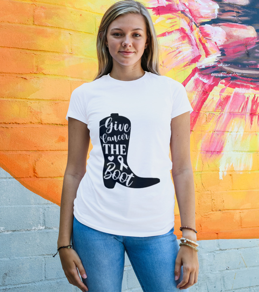 Give Cancer The Boot Awareness Ribbon Western Cowboy Boot T-Shirt