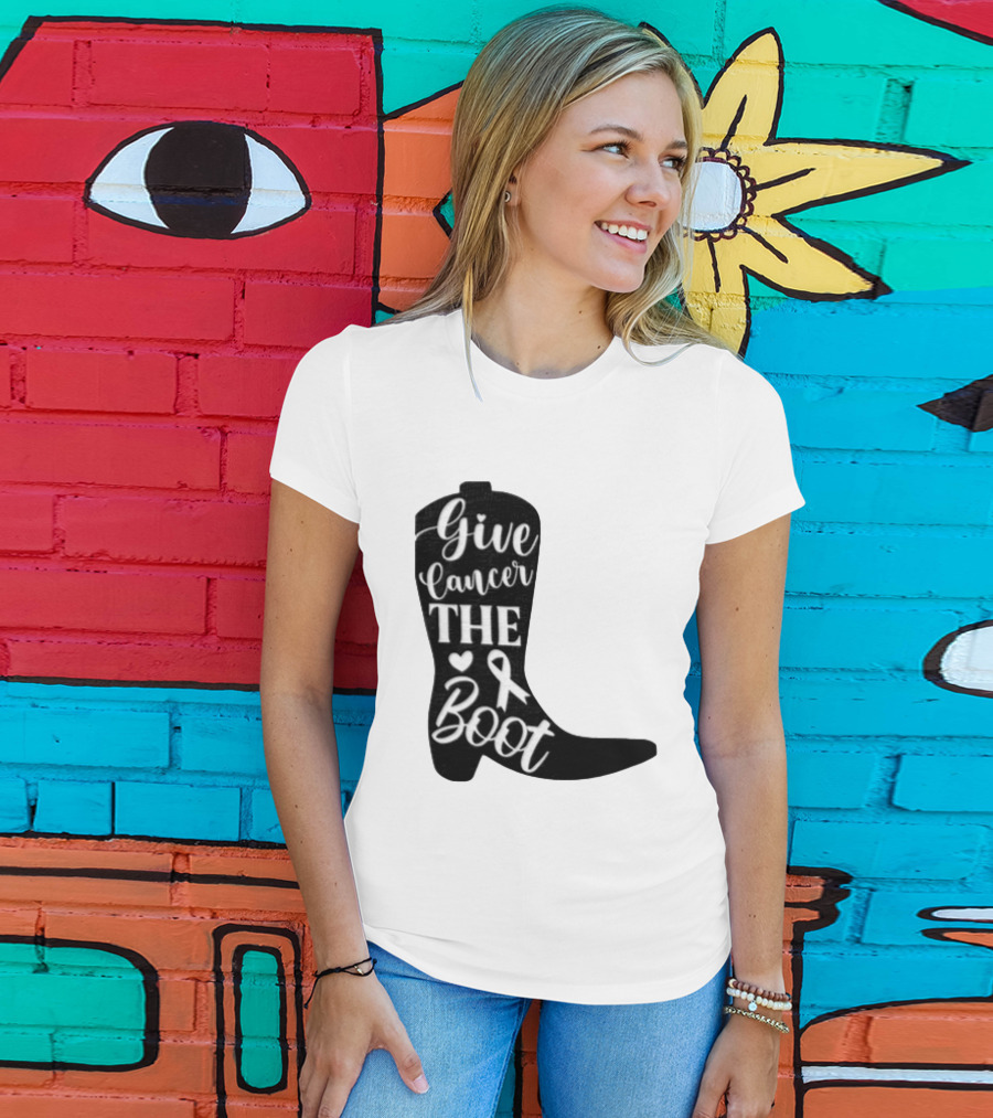 Give Cancer The Boot Awareness Ribbon Western Cowboy Boot T-Shirt
