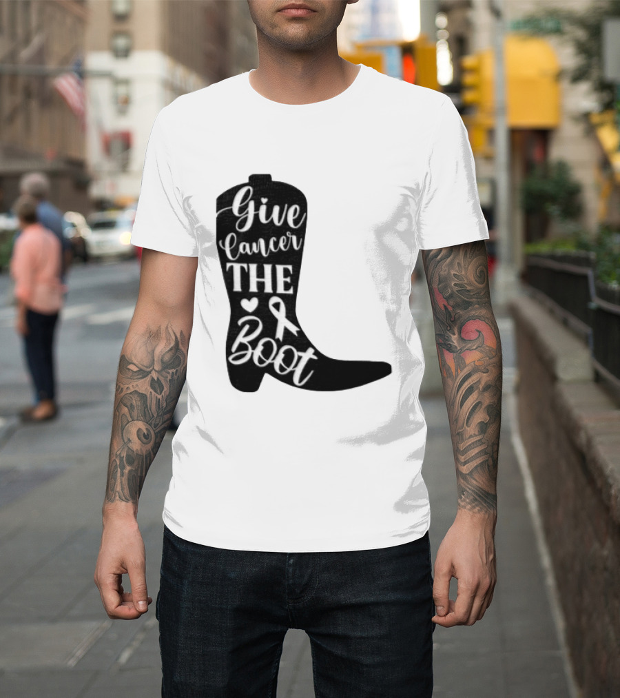 Give Cancer The Boot Awareness Ribbon Western Cowboy Boot T-Shirt