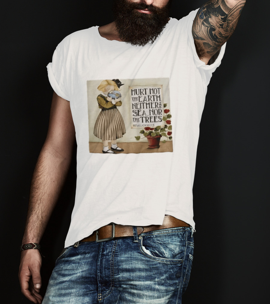 Hurt Not The Earth Revelation 7:3 Vintage Girl Holding Globe Environmental Protection T-Shirt