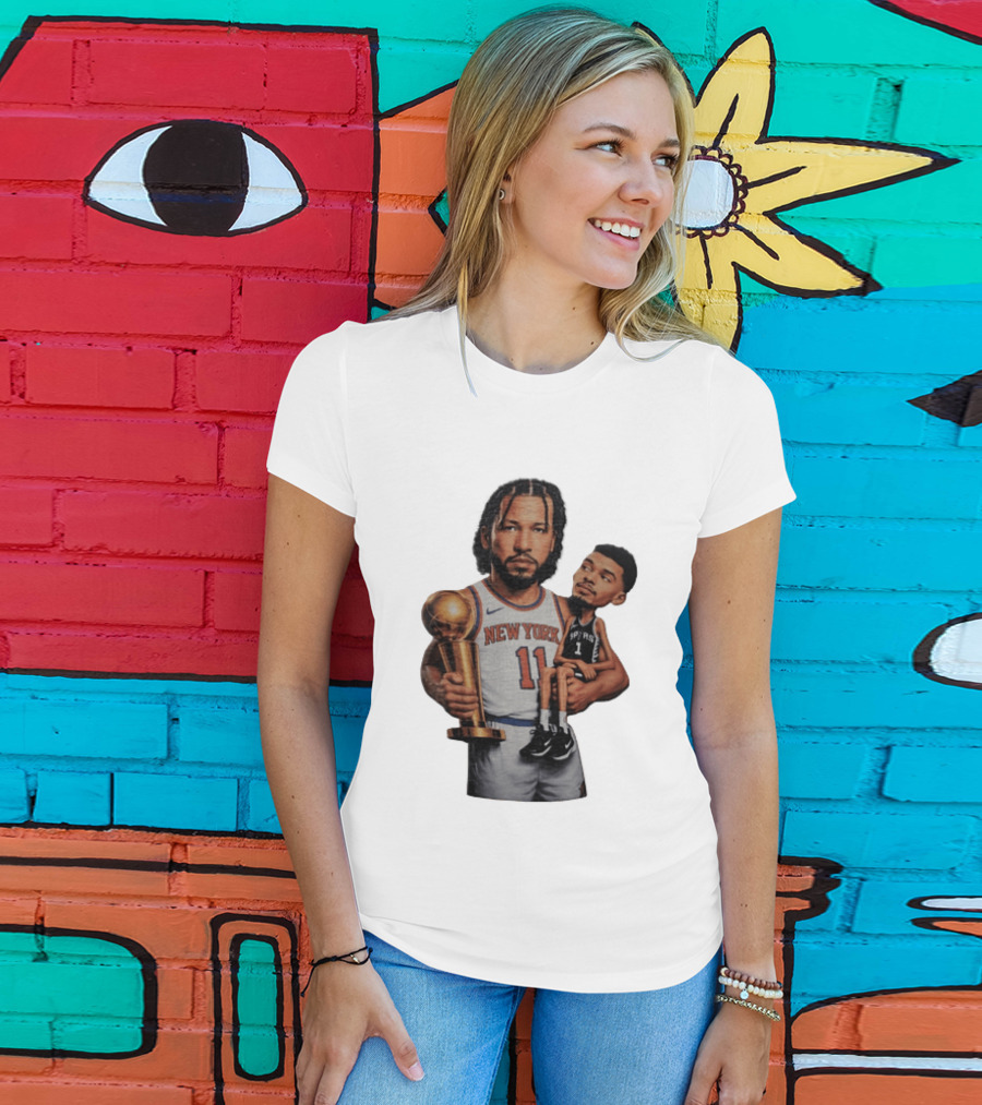 New York Knicks Jalen Brunson Embraces San Antonio Spurs Victor Wembanyama NBA Trophy T-Shirt