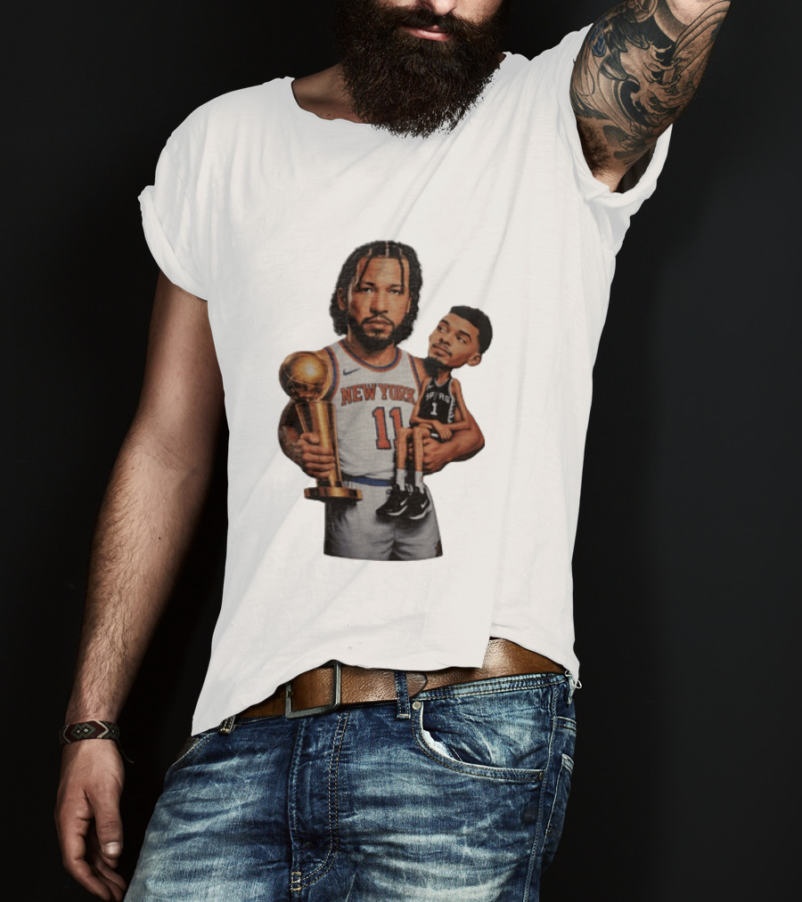 New York Knicks Jalen Brunson Embraces San Antonio Spurs Victor Wembanyama NBA Trophy T-Shirt
