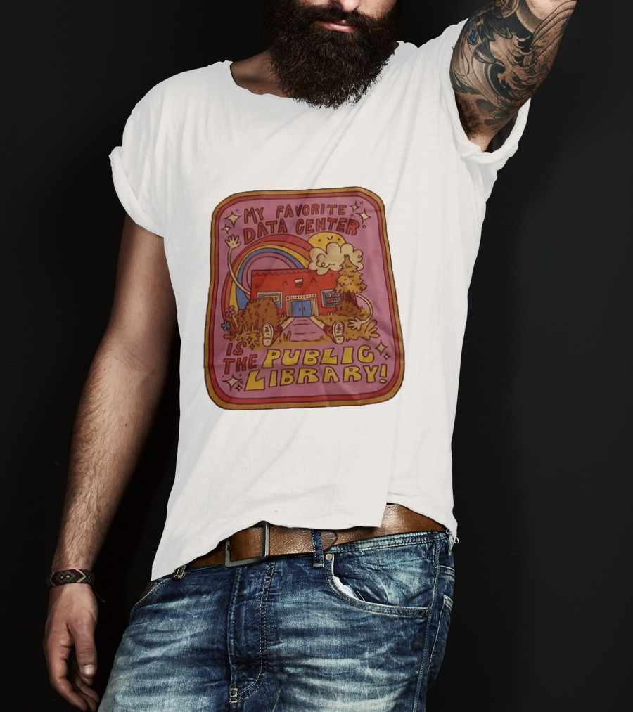 My Favorite Data Center Is The Public Library Rainbow Cartoon Library Scene T-Shirt