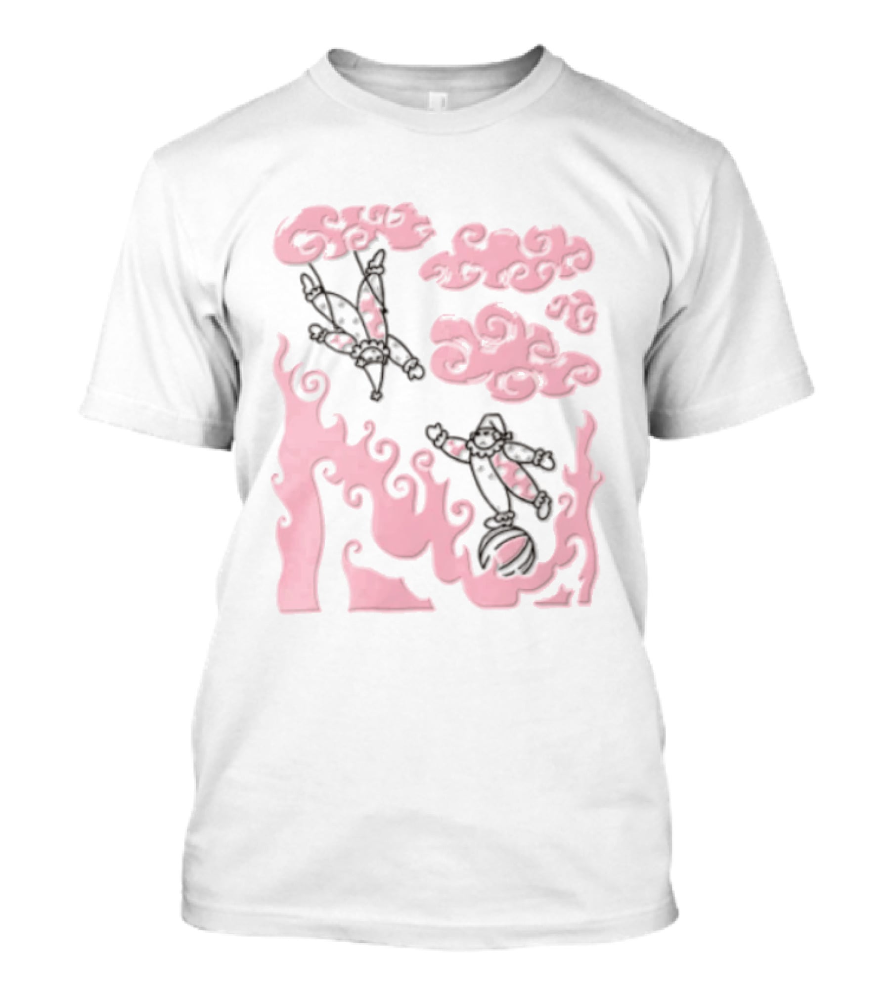 Pink Pastel Cartoon Circus Clowns Trapeze Ball Clouds Flames T-Shirt