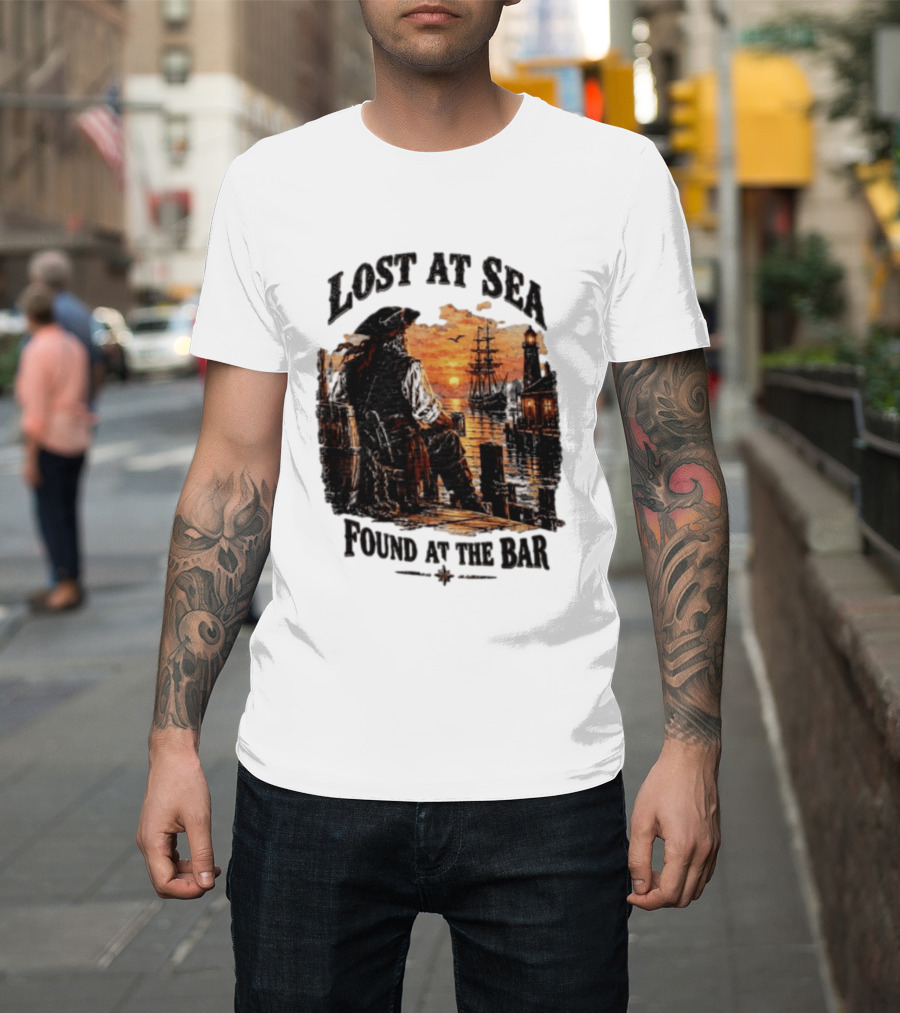 Lost At Sea Found At The Bar Pirate Sunset Tavern Lighthouse Nautical Adventure T-Shirt