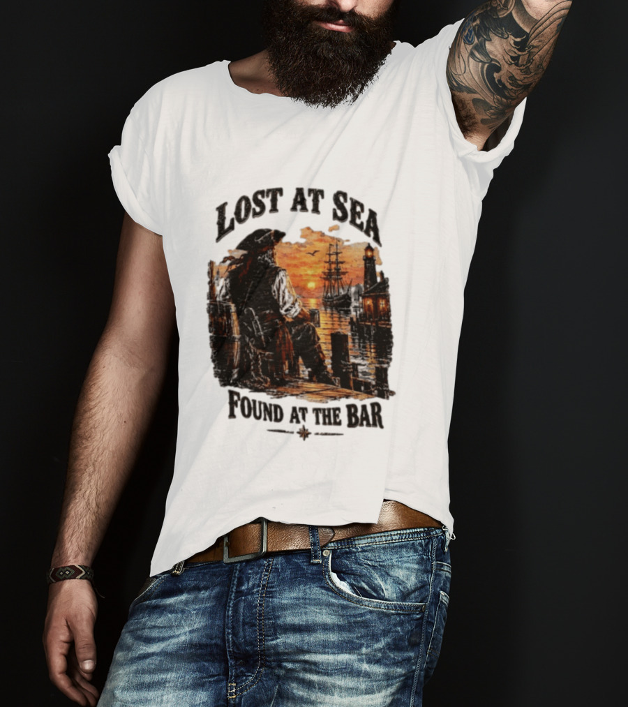 Lost At Sea Found At The Bar Pirate Sunset Tavern Lighthouse Nautical Adventure T-Shirt