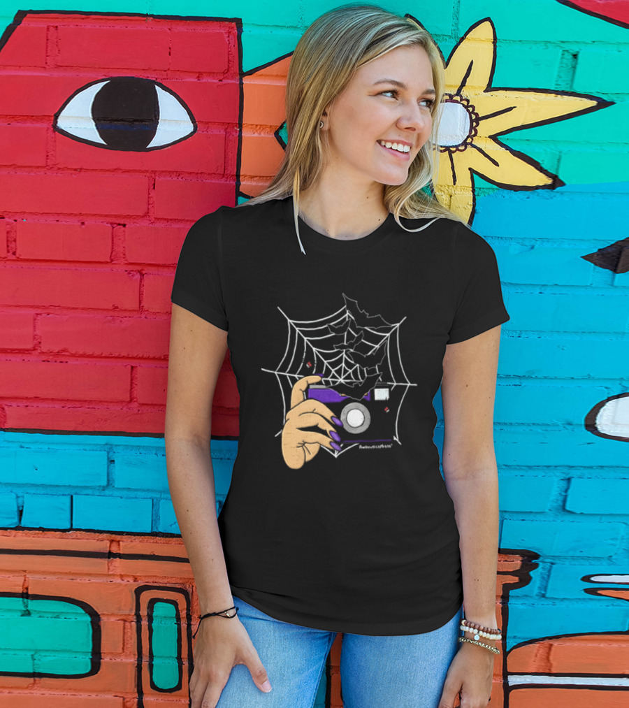 AmberNicoPhoto Camera With Bats And Spider Web Halloween T-Shirt