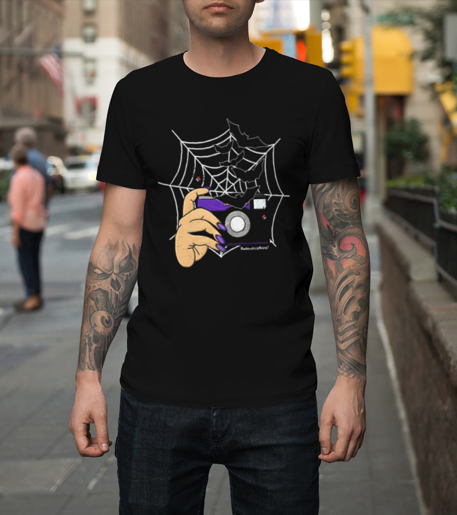 AmberNicoPhoto Camera With Bats And Spider Web Halloween T-Shirt