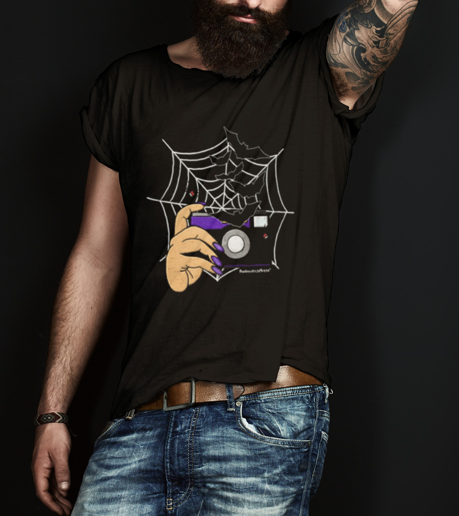 AmberNicoPhoto Camera With Bats And Spider Web Halloween T-Shirt