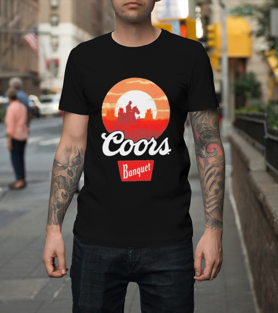 Coors Banquet Cowboy Horseback Riding At Sunset Western Scene T-Shirt
