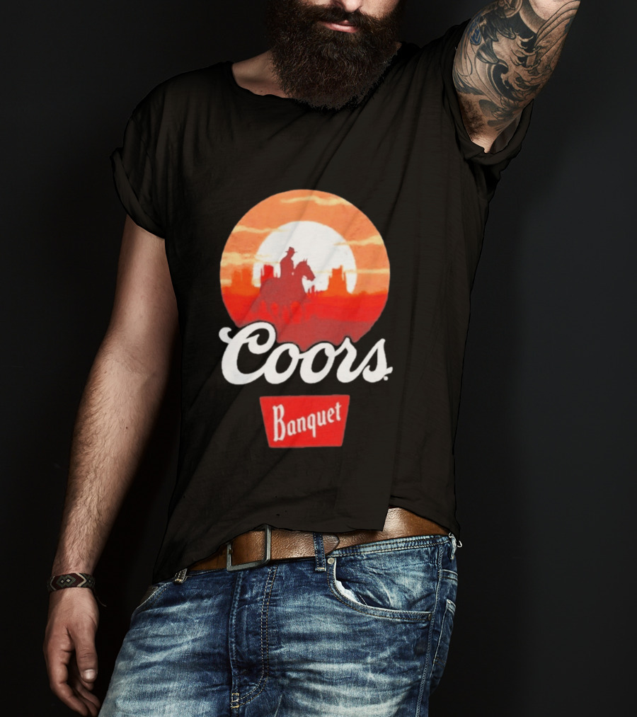 Coors Banquet Cowboy Horseback Riding At Sunset Western Scene T-Shirt