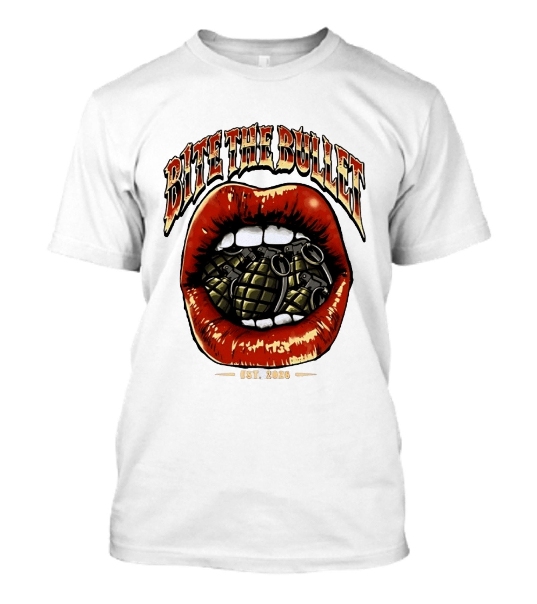 Bite The Bullet Grenade Lips Est 2026 Edgy T-Shirt