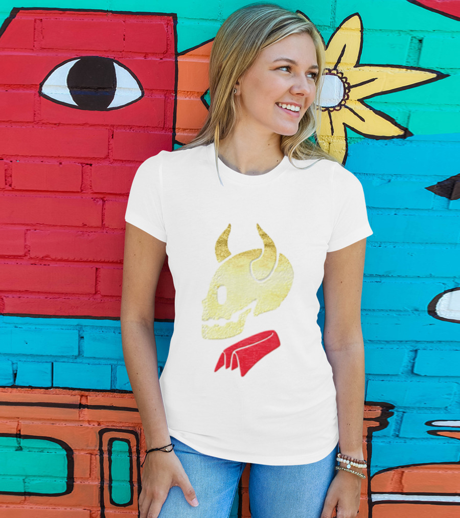 Devil Horn Skull Red Collar Gold Glitter T-Shirt