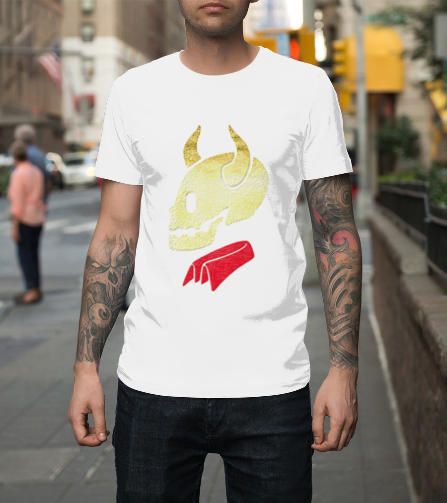 Devil Horn Skull Red Collar Gold Glitter T-Shirt