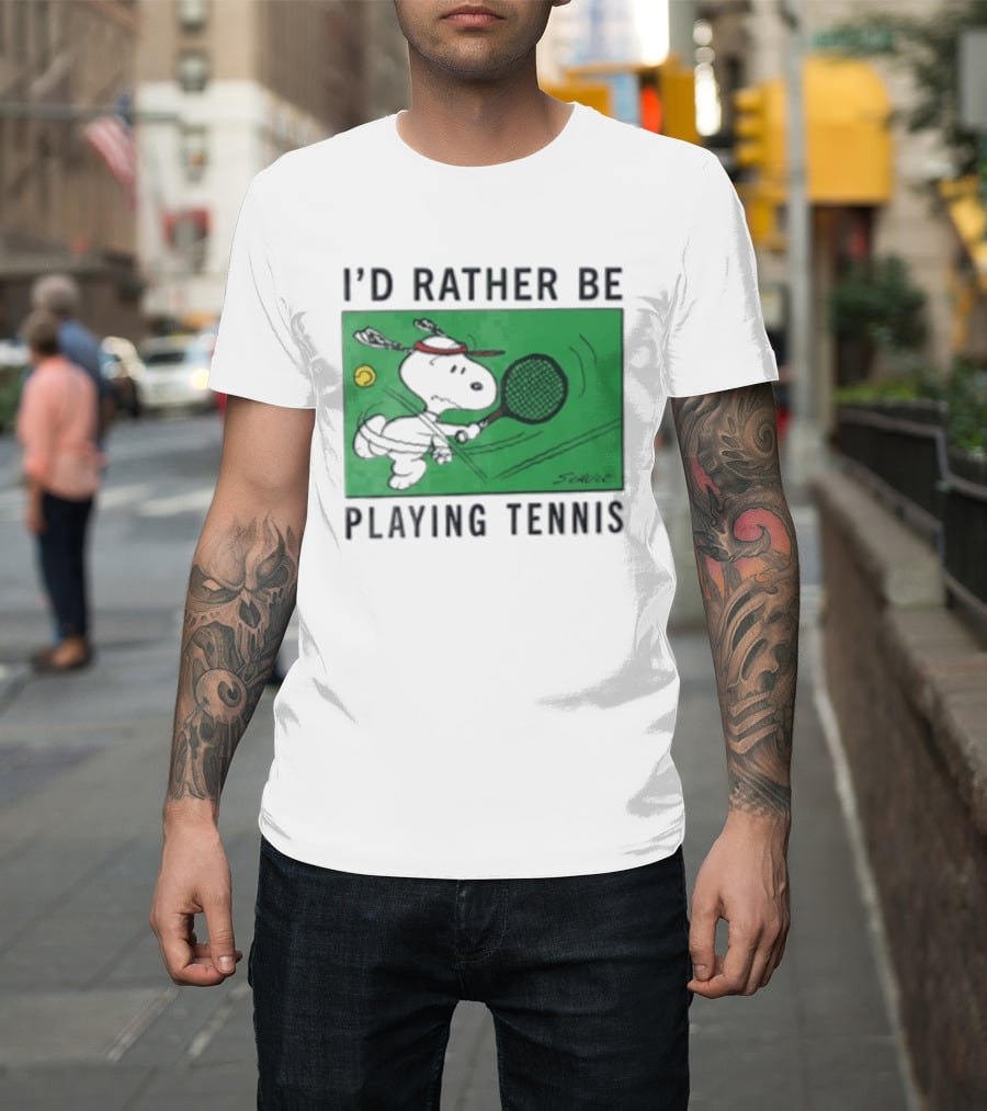 I'd Rather Be Playing Tennis Peanuts Snoopy Racquet Cartoon Green Court Schulz T-Shirt