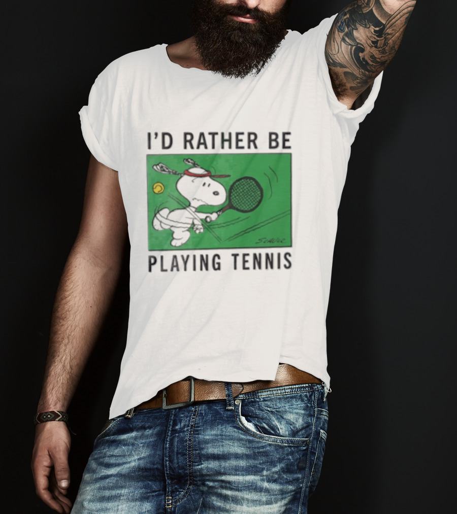 I'd Rather Be Playing Tennis Peanuts Snoopy Racquet Cartoon Green Court Schulz T-Shirt