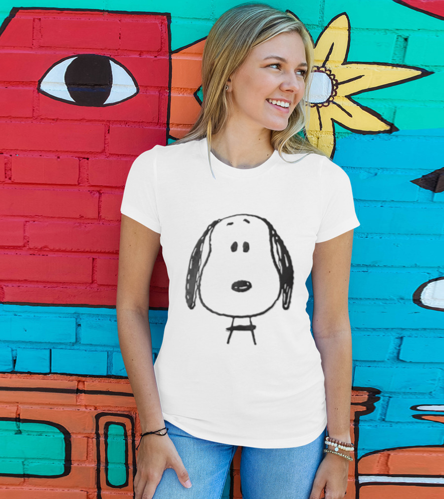 Peanuts Snoopy Dog Head Front Facing Black Line Cartoon Drawing T-Shirt