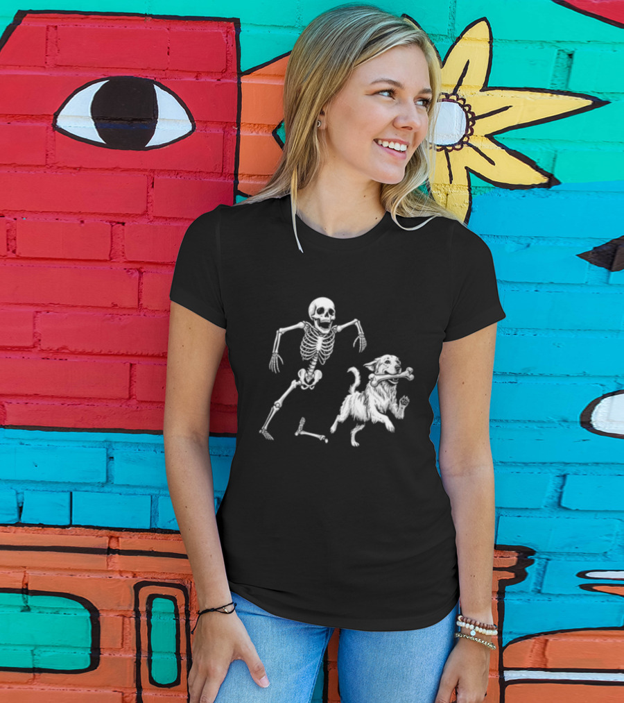 Skeleton Chasing Golden Retriever With Leg Bone T-Shirt