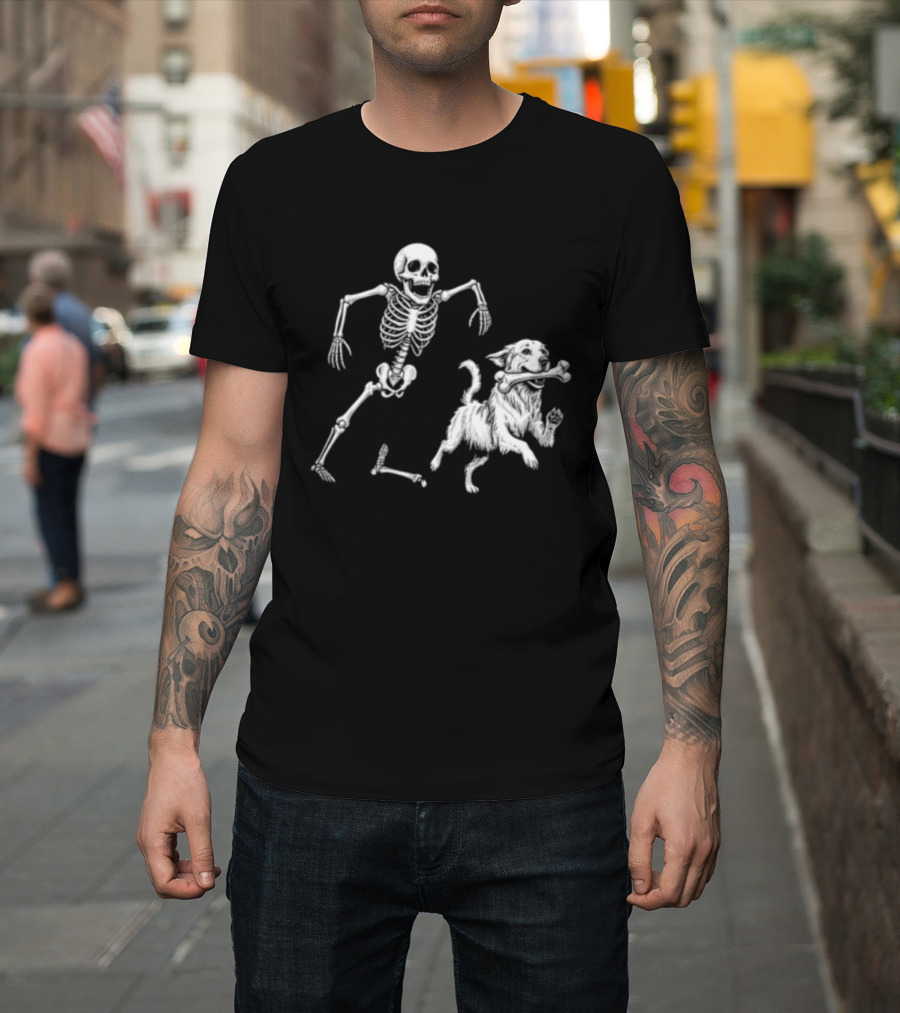 Skeleton Chasing Golden Retriever With Leg Bone T-Shirt