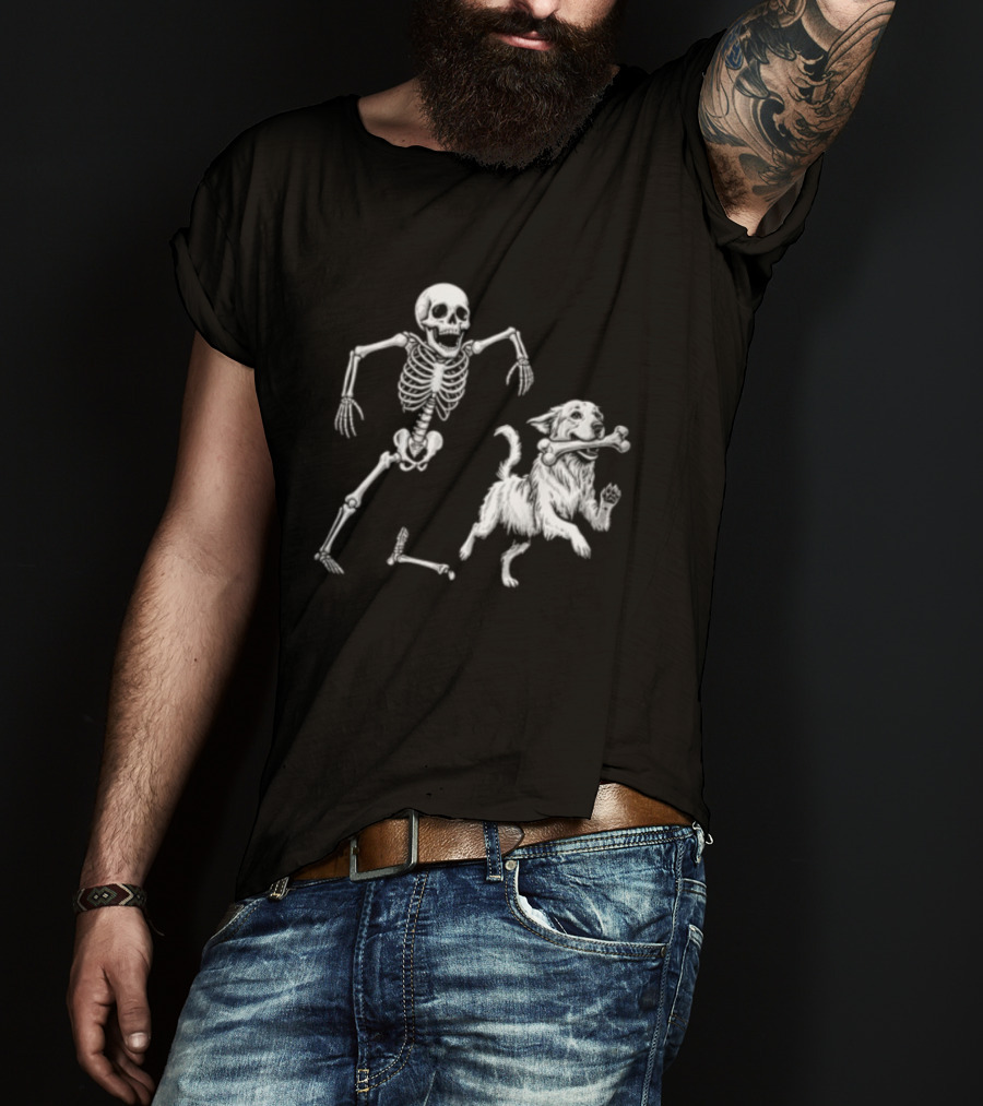 Skeleton Chasing Golden Retriever With Leg Bone T-Shirt