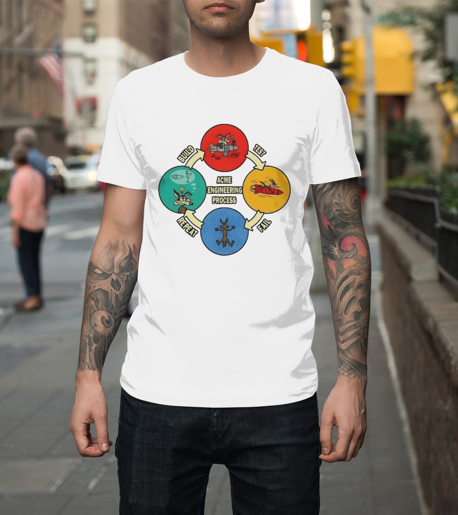 Wile E Coyote Acme Engineering Process Build Test Fail Repeat Cycle T-Shirt