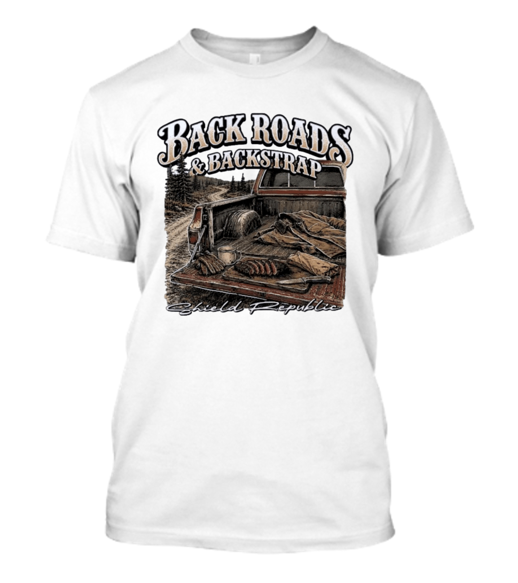 Back Roads & Backstrap Shield Republic Hunting Truck Scene T-Shirt