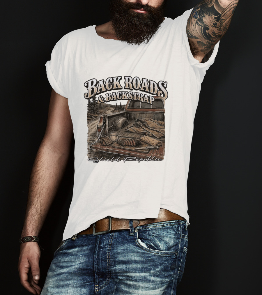 Back Roads & Backstrap Shield Republic Hunting Truck Scene T-Shirt