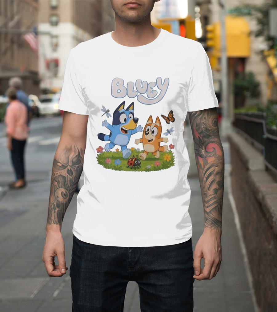 Bluey And Friends Playing With Bugs And Butterflies In The Meadow T-Shirt