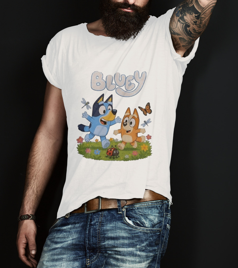 Bluey And Friends Playing With Bugs And Butterflies In The Meadow T-Shirt