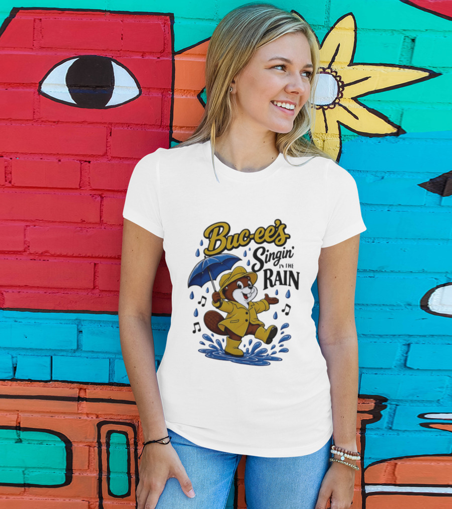 Buc Ee's Singin In The Rain Umbrella Beaver Cheerful Splash T-Shirt