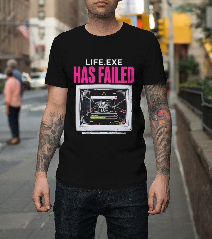 Lifeexe Has Failed System Error 404 Skeleton Computer Retro Monitor T-Shirt