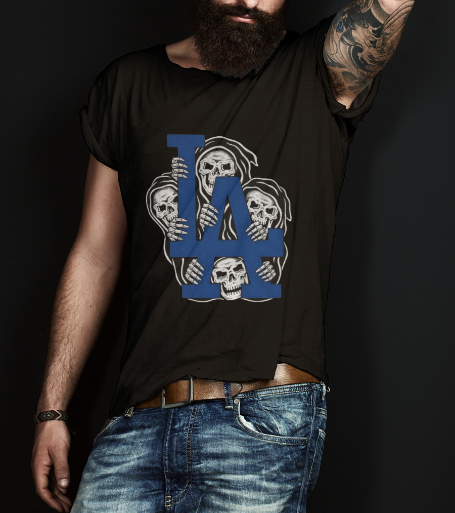 Skeletons Behind LA Dodgers Blue T-Shirt