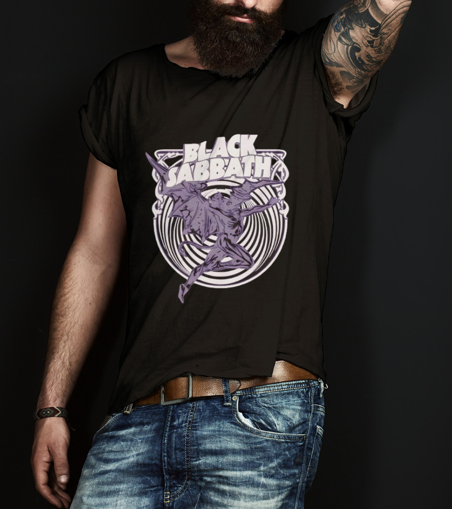 Black Sabbath Flying Devil With Striped Background Iconic Heavy Metal T-Shirt