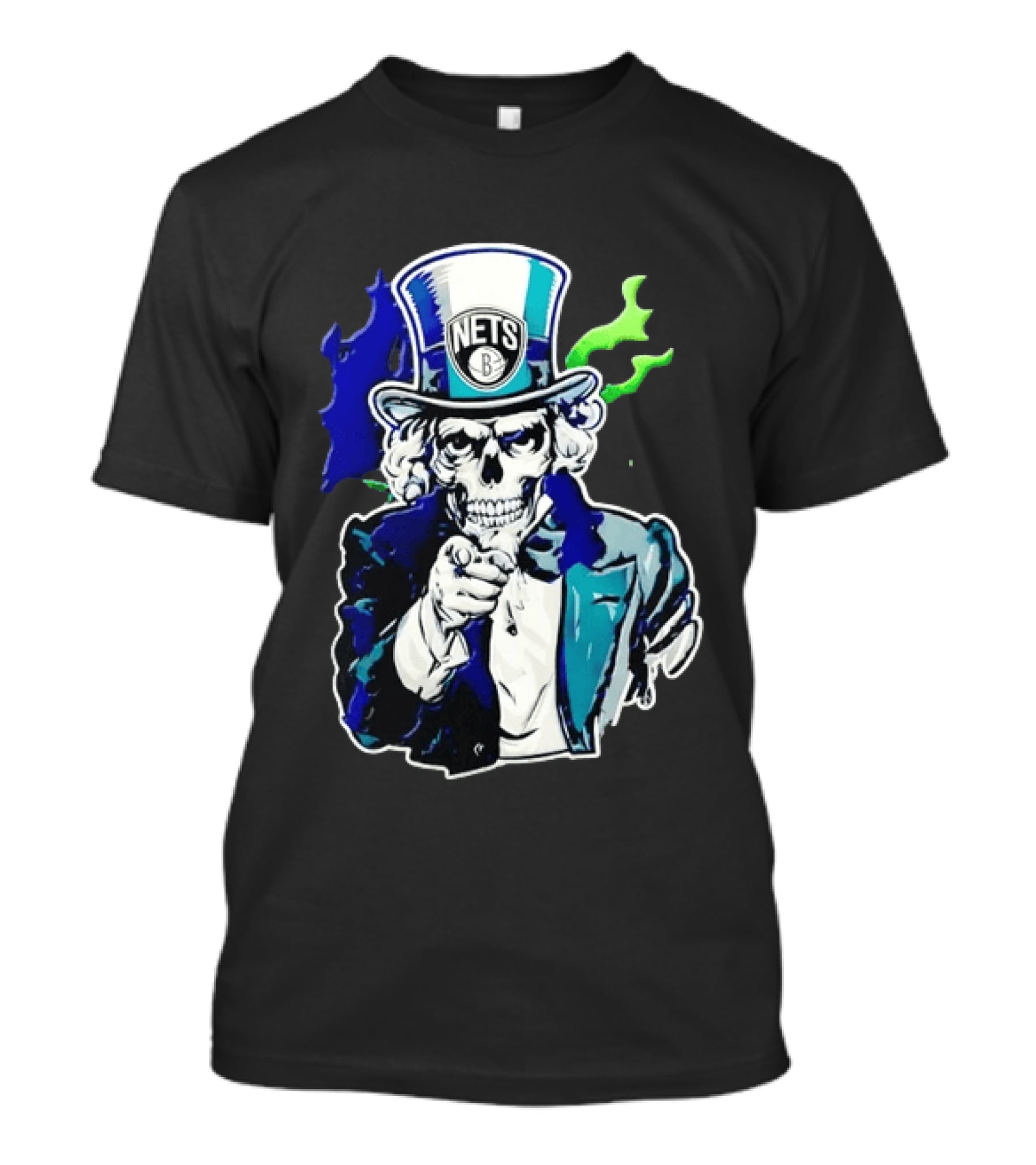 Brooklyn Nets Skeleton Uncle Sam Top Hat Pointing Stripes T-Shirt