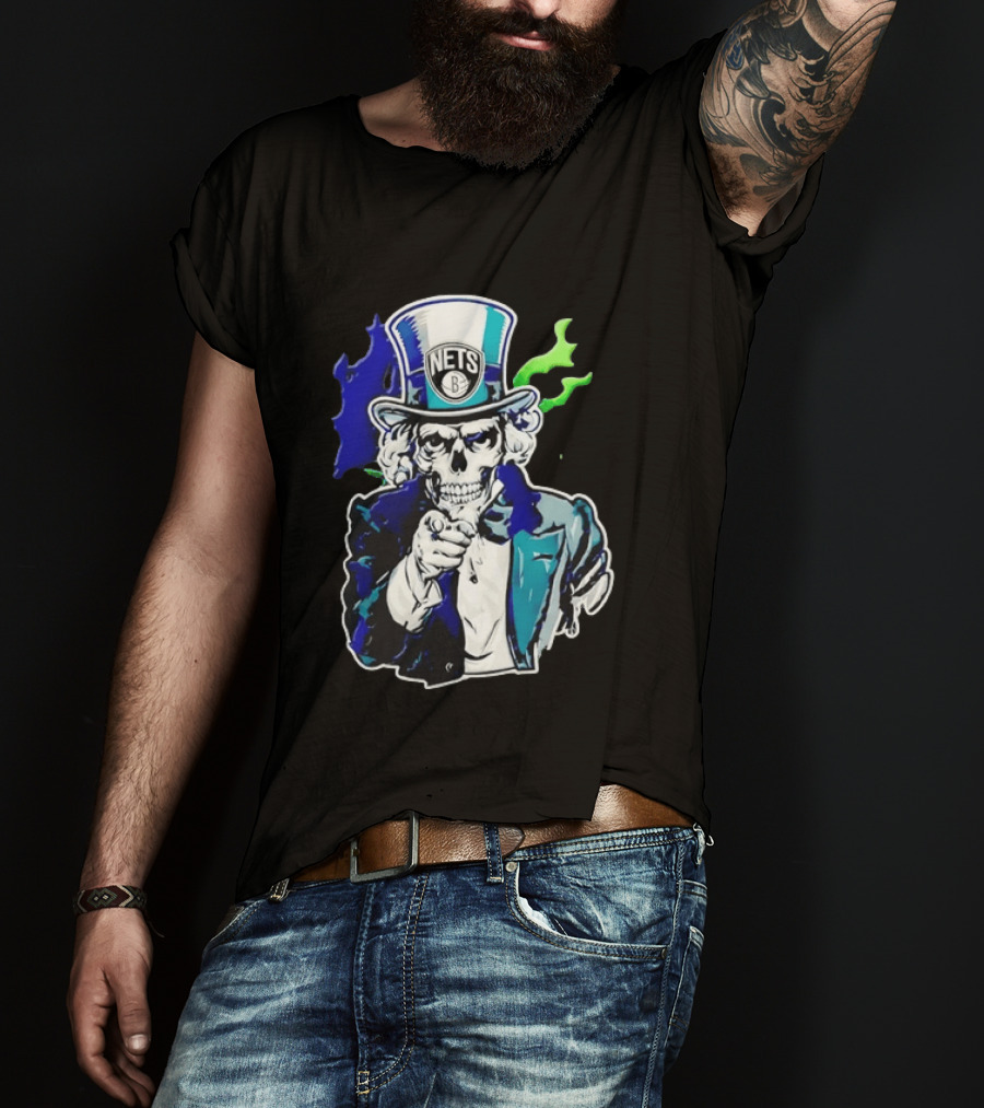 Brooklyn Nets Skeleton Uncle Sam Top Hat Pointing Stripes T-Shirt