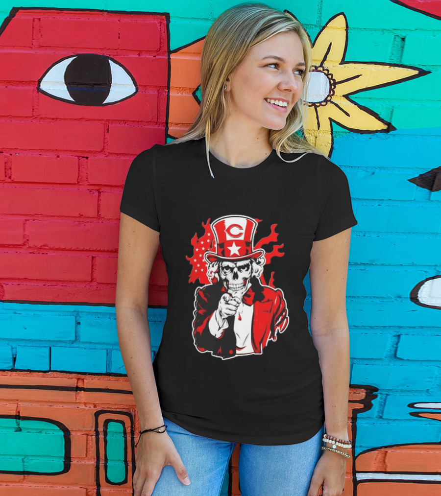 Cincinnati Reds Skeleton Uncle Sam Pointing US Flag Flames T-Shirt