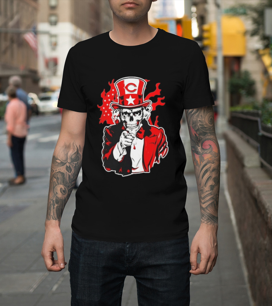 Cincinnati Reds Skeleton Uncle Sam Pointing US Flag Flames T-Shirt