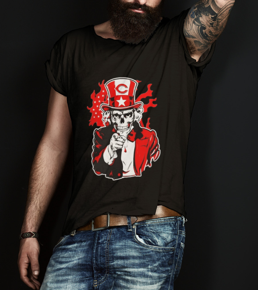 Cincinnati Reds Skeleton Uncle Sam Pointing US Flag Flames T-Shirt
